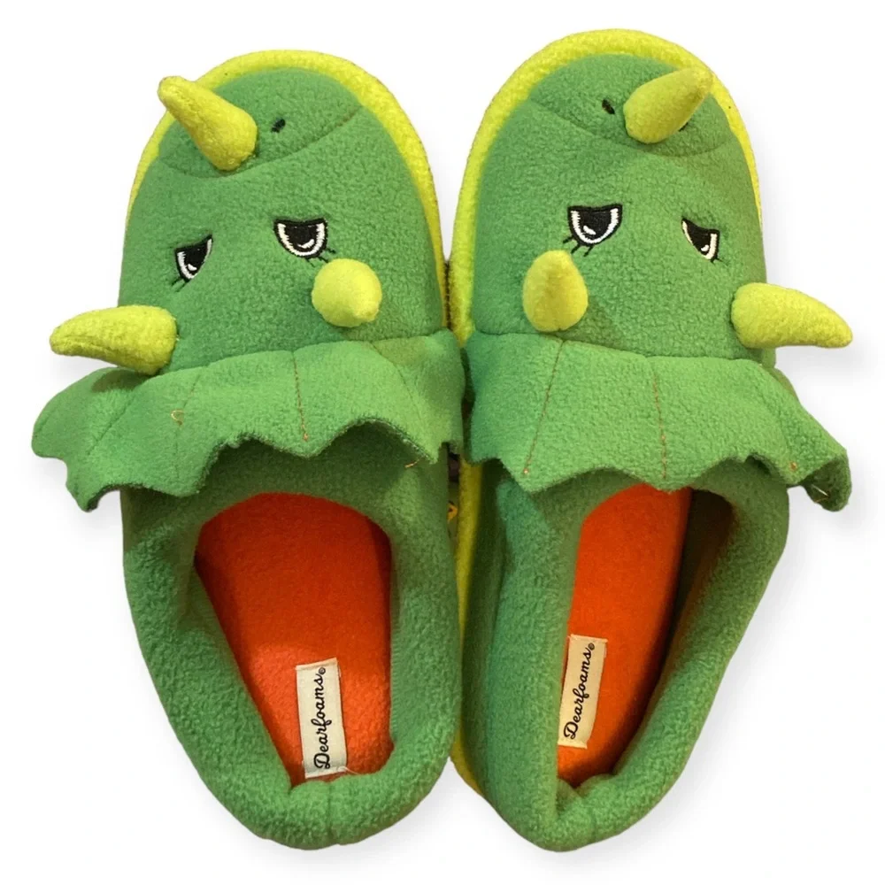 Dearfoams 🦖Triceratops🦖 Kids Sz 4-5 Peyton Animal Clog Slipper Retro Green